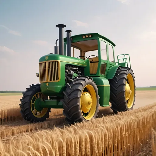 Prompt: design a tractor in the style of the art-deco movement. the machine should be in the shape of a john deere combine with the color and expression of french subway stations from the art-deco period. set the machine on a background of wheat fields in a dry climate. 4k studio images
