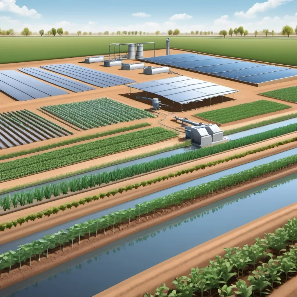 Prompt: A realistic depiction of a modern farm featuring a comprehensive drip irrigation system. The scene includes a large agricultural pond that supplies water for irrigation, alongside a pump station equipped with advanced technology for efficient water distribution. Visible in the foreground are rows of thriving crops benefiting from the precise watering provided by the drip irrigation system. A fertilizer injection station is strategically placed, showcasing the integration of nutrient delivery to ensure optimal plant growth. Farmers are seen actively managing the system using smartphones or tablets to monitor water levels and adjust irrigation schedules. Surrounding the fields are solar panels for renewable energy, and geodesic greenhouses growing a variety of vegetables are visible in the background. Clear blue skies and rolling hills enhance the natural beauty of this innovative farming landscape."