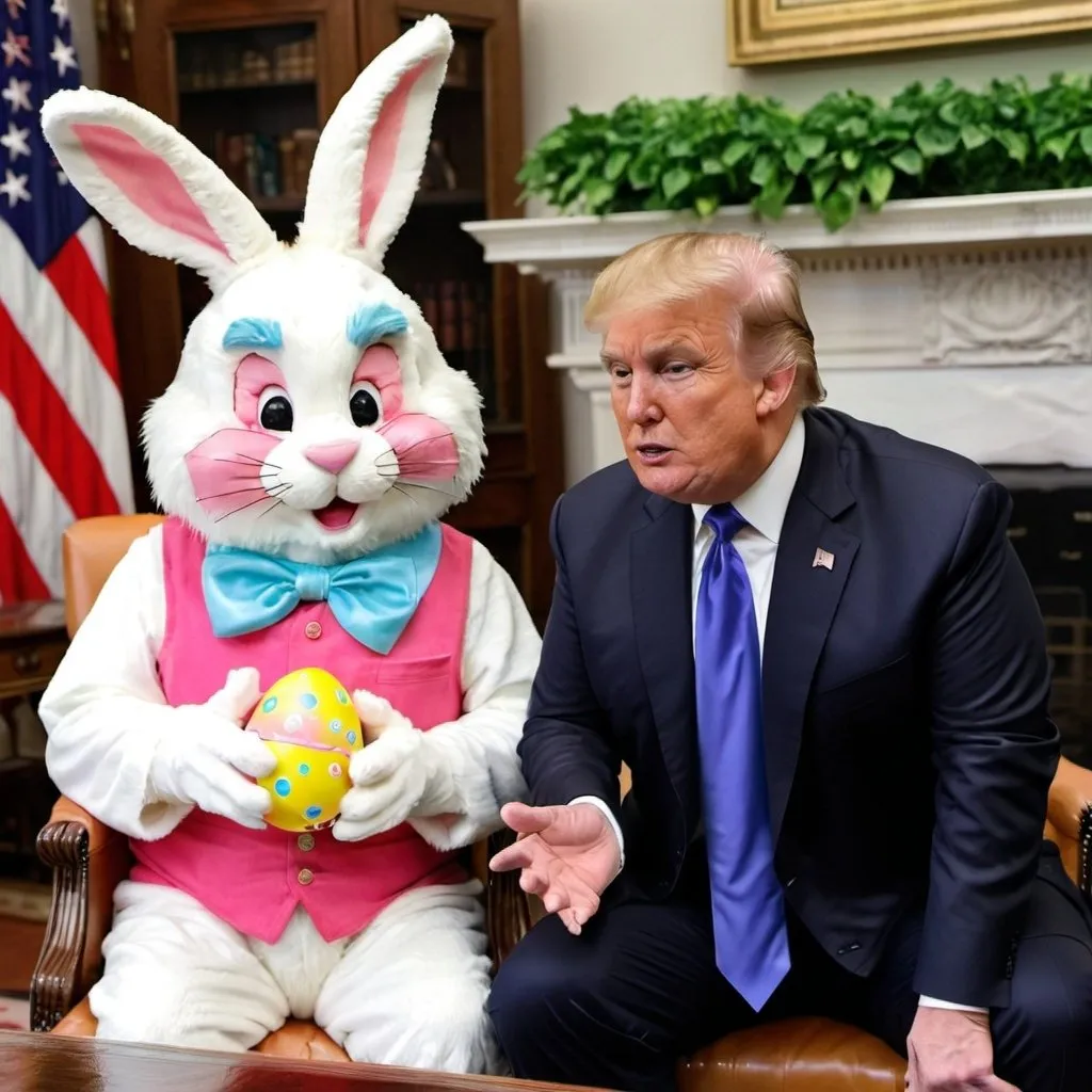 Prompt: President trump with the Easter bunny 
