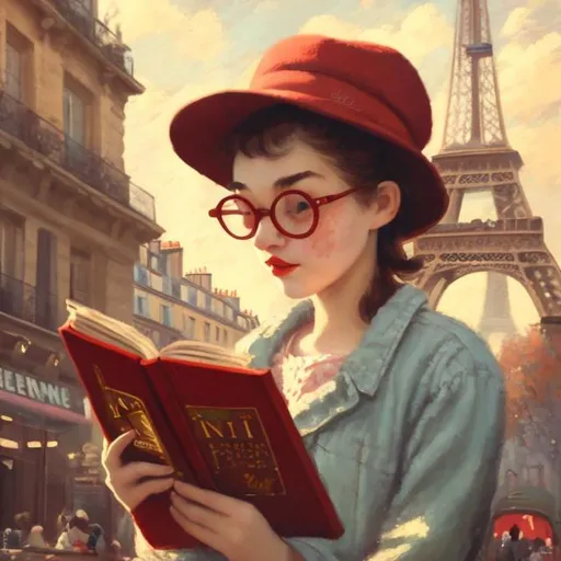 Prompt: Girl reading a book in front of Eiffel Tower, red hat, girl wearing glasses, adorable Chow Chow dog, Parisian street scene, oil painting, detailed facial features, vintage style, warm and romantic tones, soft natural lighting, high quality, oil painting, Parisian, vintage, detailed facial features, red hat, glasses, Chow Chow dog, romantic, warm tones, soft lighting