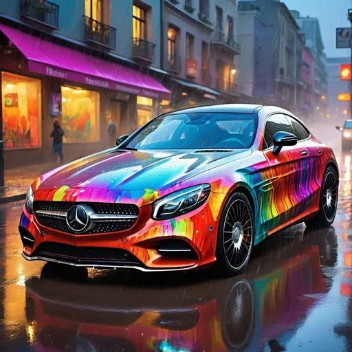 Prompt: mercedes benz car with colourful paint raining down on the car


