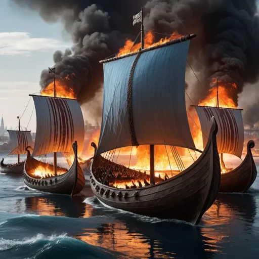 Prompt: Viking ships with a burning city in the background. The sails on the ships must be white and blue