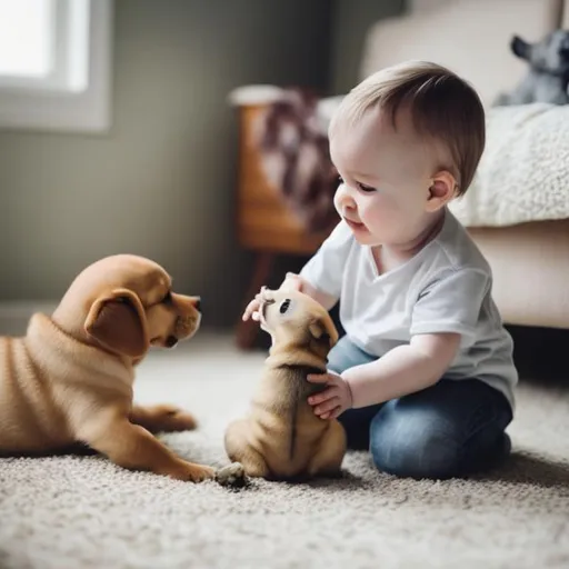 Prompt: Baby playing with dog