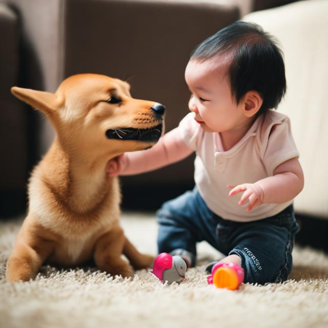 Prompt: Baby playing with dog