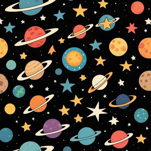 Prompt: Cartoon illustration of the cosmos and universe, 3-5 planets, 6 stars, Disney 50s or Peanuts style, primitive cartoon, black background, vibrant colors, simple design, children's book, cosmic theme, imaginative, minimalistic, playful, cartoonish planets, cute stars, retro, vintage, simple yet charming, colorful universe