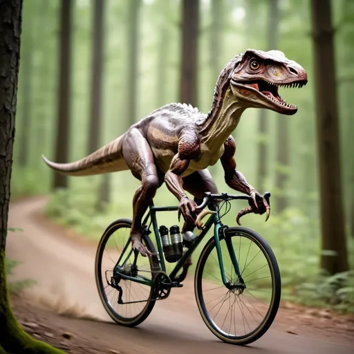 Prompt: a velociraptor riding fast a road bicycle in the forest. looking really aggresivelly.
and a lot of movement blur