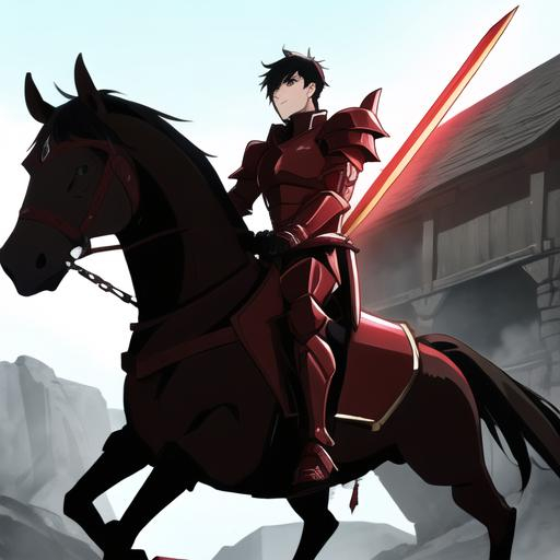 Prompt: A young man with black hair, red armor, and a glowing sword riding an armored horse fighting an army of goblins.