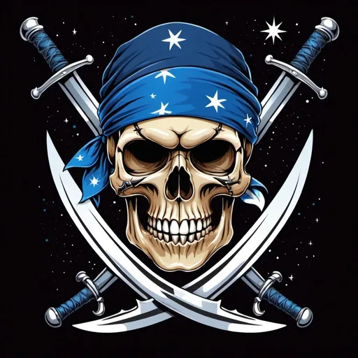 Prompt: Vector t shirt design on a white background, ,text "PIRATE SKULL", The image contains a skull with a blue bandana and an eye patch. The skull is surrounded by two crossed swords and a banner with the text ". The background is black with a starry night sky.