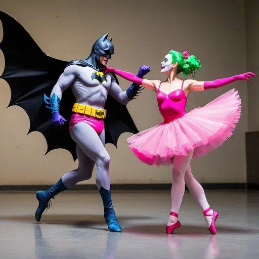 Prompt: batman and joker figting while wearing bright pink ballerina skirts that are really high
