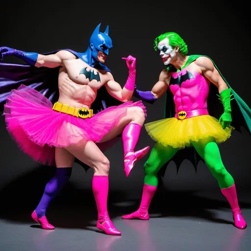 Prompt: batman and joker figting while wearing bright pink ballerina skirts that are really high
