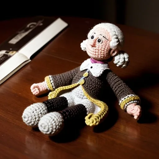 Prompt: crocheted Mozart toy with cotton yarn is lieing on the wood table.