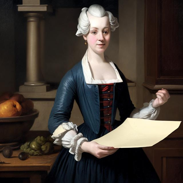 Prompt:  18th century woman holding a sheet of paper in a kitchen
