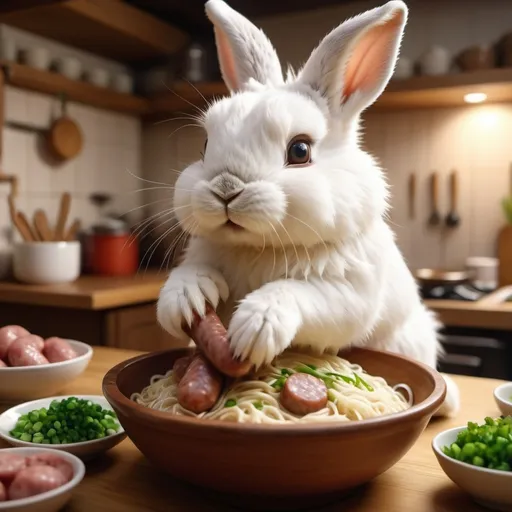 Prompt: 

The white brown  paws of a small rabbit were busy adding sausages and scallions into a bowl of noodles. The contrast between the fluffy white fur and the vibrant colors of the ingredients created a delightful and whimsical scene.