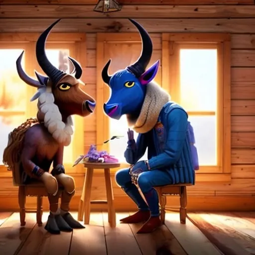 Prompt: a beatiful humanoid gazelle with a poker face and a happy humanoid bison is sitting next to each other in a small room of a wooden house