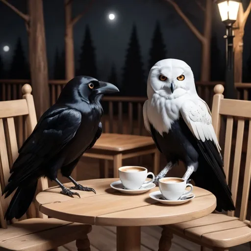 Prompt: a crow and a white owl are sitting on wooden chairs around a wooden table. there are 2 cups of coffee on the table. black furnitures background. nighttime.