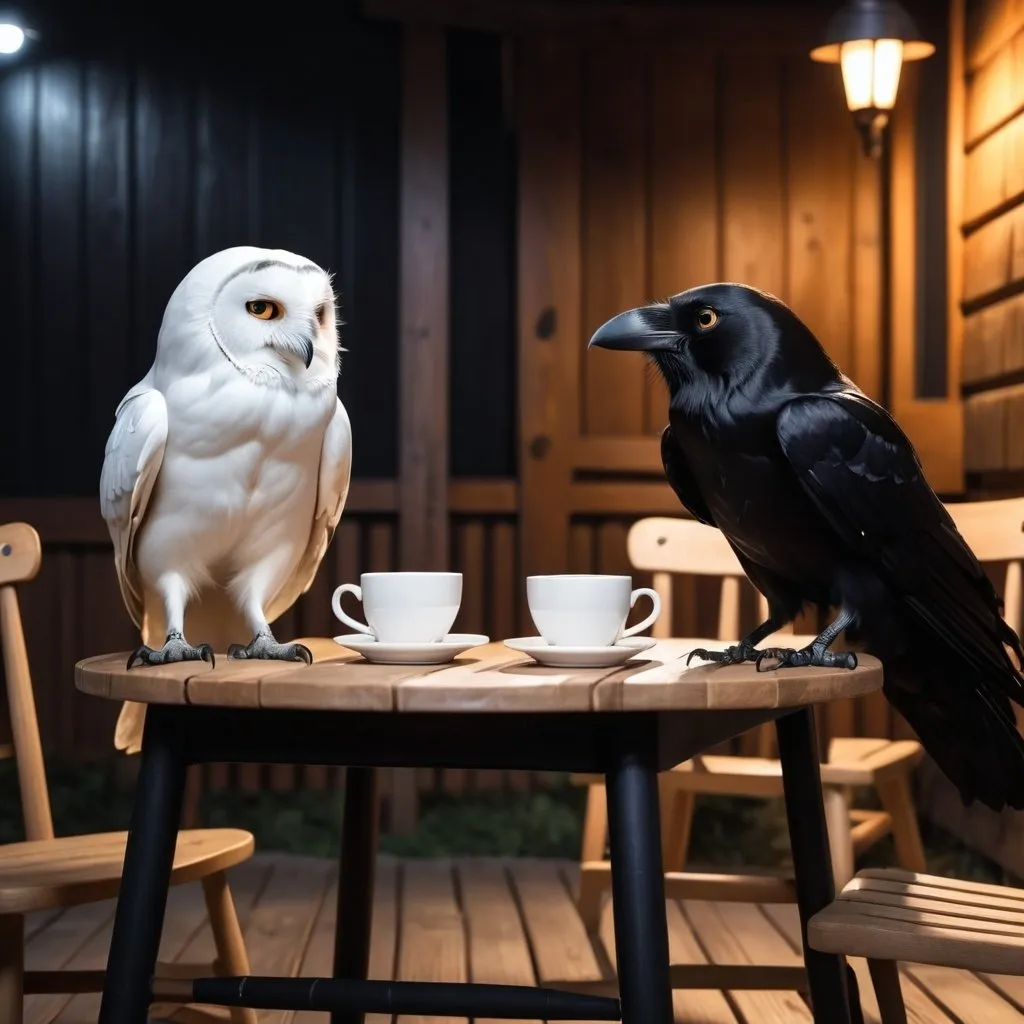 Prompt: a crow and a white owl are sitting on wooden chairs around a wooden table. there are 2 cups of coffee on the table. they are laughing. black furnitures background. nighttime.