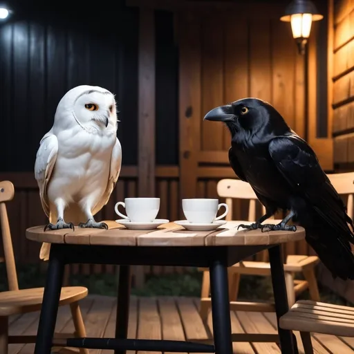 Prompt: a crow and a white owl are sitting on wooden chairs around a wooden table. there are 2 cups of coffee on the table. they are laughing. black furnitures background. nighttime.