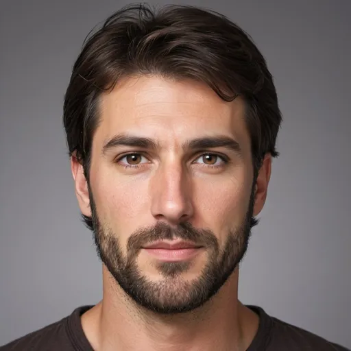 Prompt: Create an image of a thirtysomething handsome caucasian man with dark brown hair near his ears, beard and brown eyes