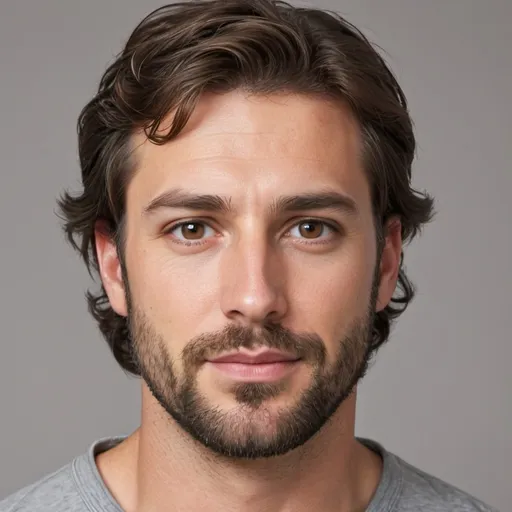 Prompt: Create an image of handsome thirtysomething man with brown hair & trim beard with brown  eyes. Caucasian. Wavy Hair just passed his ears.