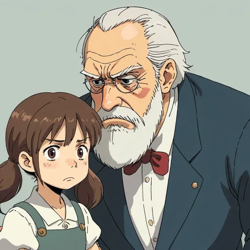 Prompt: 2d studio ghibli anime style, authoritarian angry father scolding his sad daughter 