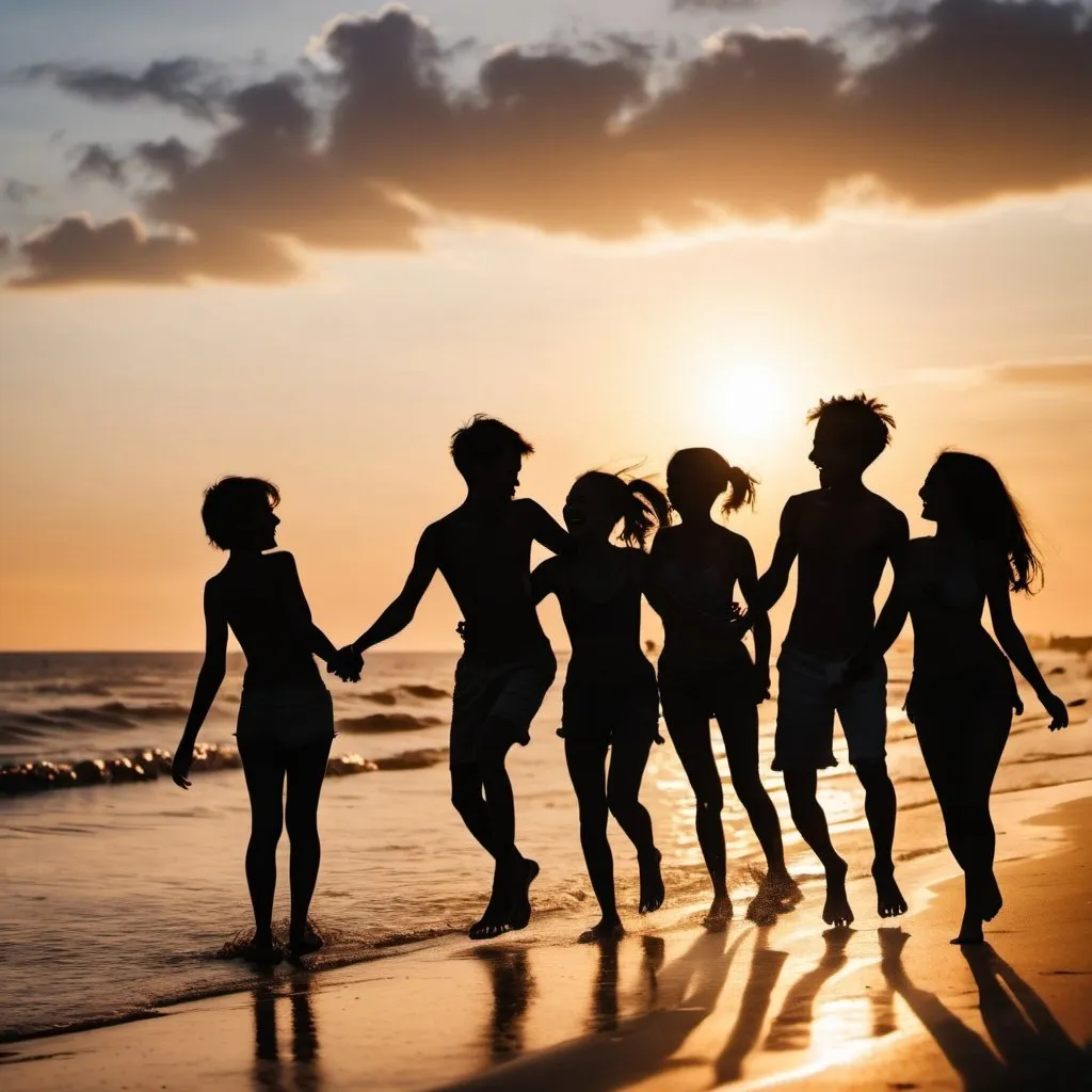 Prompt: Several young adolescent silhouette people happy on the beach in a sunset