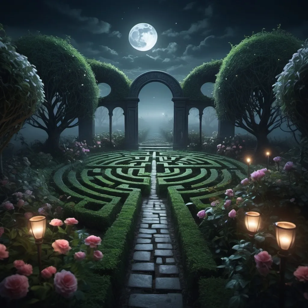 Prompt: a dark and vast maze garden at night 