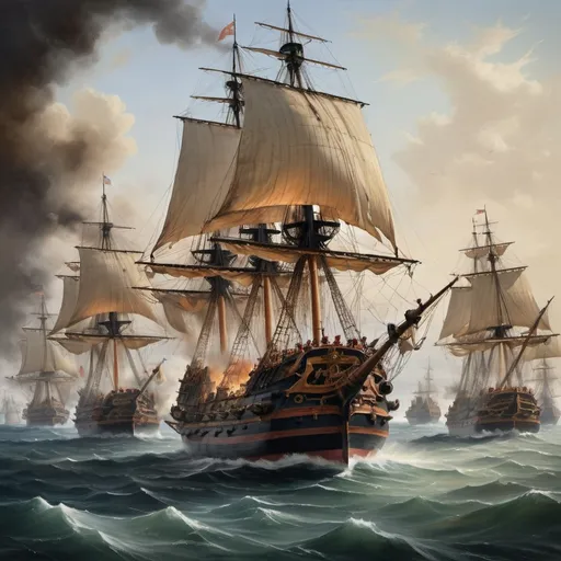 Prompt: Create an evocative painting capturing the dramatic 'Line of Battle' naval tactic from the 1500s: Show Spanish galleon warships lined up side by side on calm waters, cannons ready to fire, billowing sails, and captains strategizing their maneuvers. Convey the tension and anticipation of a historic naval clash through your brushstrokes.