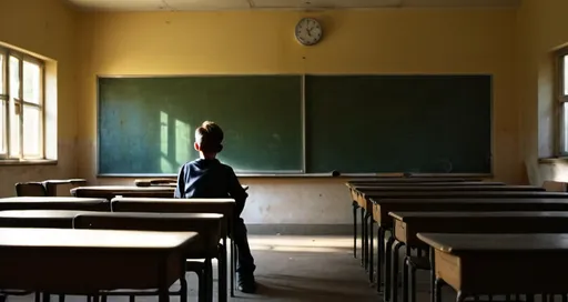 Prompt: a boy sitting in old empty school classroom lonely shadow