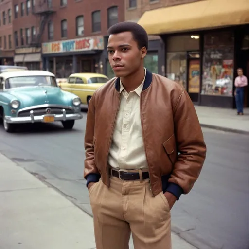 Prompt: Full body portrait of a  27 year old  African-American man with very very very short low short short  50s-60s African-American hair, very low hair nice and neat with resemblance to James earl jones   young looking and Shaved face with short, light brown pants medium 50s-60s African-American hair and handsome looking   in the West Side Story universe, clean-shaven face, brown jacket, light brown jeans, vibrant and colorful, high resolution, realistic, retro aesthetic, detailed facial features, 1950s style, urban street setting, warm and nostalgic lighting, professional, character concept art, detailed clothing and expression, vibrant colors, city ambiance very low short 60s-70s African-American , cleaned shaved face short hair , whit shirt, shoes, Duke puff hairstyle, neat lined up African hair, 60s bomber jacket. Side burns and flat tops , 