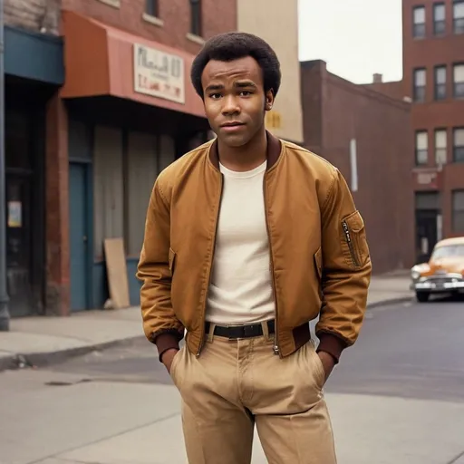 Prompt: Full body portrait of a young 19 year old  African-American man with short short  50s-60s African-American hair, very low hair nice and neat with resemblance to Donald Glover young looking and Shaved face with short, light brown pants medium 50s-60s African-American hair and handsome looking   in the West Side Story universe, clean-shaven face, brown jacket, light brown jeans, vibrant and colorful, high resolution, realistic, retro aesthetic, detailed facial features, 1950s style, urban street setting, warm and nostalgic lighting, professional, character concept art, detailed clothing and expression, vibrant colors, city ambiance very low short 60s-70s African-American , cleaned shaved face short hair , whit shirt, shoes, Duke puff hairstyle, neat lined up African hair, 60s bomber jacket. Side burns and flat tops 