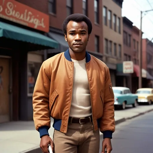 Prompt: Full body portrait of a  27 year old  African-American man with very very very short low short short  50s-60s African-American hair, very low hair nice and neat with resemblance to Donald Glover with Sidney Poitier’s hairstyle  young , light brown jeans. looking and Shaved face with short, light brown pants medium 50s-60s African-American hair and handsome looking   in the West Side Story universe, clean-shaven face, coat bomber brown jacket, light brown jeans, vibrant and colorful, high resolution, realistic, retro aesthetic, detailed facial features, 1950s style, holding a knife urban street setting, warm and nostalgic lighting, professional, character concept art, detailed clothing and expression, vibrant colors, city ambiance very low short 60s-70s African-American , cleaned shaved face short hair , whit shirt, shoes, Duke puff hairstyle, neat lined up African hair, 60s bomber jacket. Side burns and flat tops , 