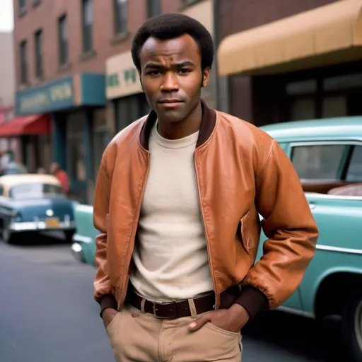 Prompt: Full body portrait of a  27 year old  African-American man with very very very short low short short  50s-60s African-American hair, very low hair nice and neat with resemblance to Donald Glover and Sidney Poitier but he looks a lot more like Sidney Poitier  with Sidney Poitier’s hairstyle  young , light brown jeans. looking and Shaved face with short, light brown pants medium 50s-60s African-American hair and handsome looking   in the West Side Story universe, clean-shaven face, coat bomber brown jacket, light brown jeans, vibrant and colorful, high resolution, realistic, retro aesthetic, detailed facial features, 1950s style, holding a knife urban street setting, warm and nostalgic lighting, professional, character concept art, detailed clothing and expression, vibrant colors, city ambiance very low short 60s-70s African-American , cleaned shaved face short hair , whit shirt, shoes, Duke puff hairstyle, neat lined up African hair, 60s bomber jacket. Side burns and flat tops , 