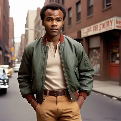 Prompt: Full body portrait of a  27 year old  African-American man with very very very short low short short  50s-60s African-American hair, very low hair nice and neat with resemblance to Donald Glover with Sidney Poitier’s hairstyle  young , light brown jeans. looking and Shaved face with short, light brown pants medium 50s-60s African-American hair and handsome looking   in the West Side Story universe, clean-shaven face, coat bomber brown jacket, light brown jeans, vibrant and colorful, high resolution, realistic, retro aesthetic, detailed facial features, 1950s style, holding a knife urban street setting, warm and nostalgic lighting, professional, character concept art, detailed clothing and expression, vibrant colors, city ambiance very low short 60s-70s African-American , cleaned shaved face short hair , whit shirt, shoes, Duke puff hairstyle, neat lined up African hair, 60s bomber jacket. Side burns and flat tops , 