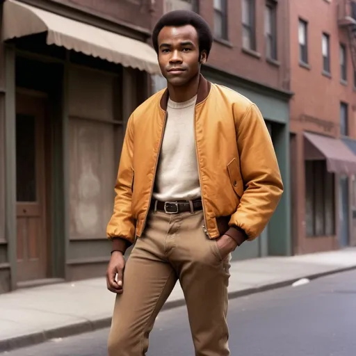 Prompt: Full body portrait of a  27 year old  African-American man with very very very short low short short  50s-60s African-American hair, very low hair nice and neat with resemblance to Donald Glover with Sidney Poitier’s hairstyle  young , light brown jeans. looking and Shaved face with short, light brown pants medium 50s-60s African-American hair and handsome looking   in the West Side Story universe, clean-shaven face, coat bomber brown jacket, light brown jeans, vibrant and colorful, high resolution, realistic, retro aesthetic, detailed facial features, 1950s style, urban street setting, warm and nostalgic lighting, professional, character concept art, detailed clothing and expression, vibrant colors, city ambiance very low short 60s-70s African-American , cleaned shaved face short hair , whit shirt, shoes, Duke puff hairstyle, neat lined up African hair, 60s bomber jacket. Side burns and flat tops , 