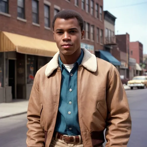 Prompt: Full body portrait of a  27 year old  African-American man with very very very short low short short  50s-60s African-American hair, very low hair nice and neat with resemblance to James earl jones   young looking and Shaved face with short, light brown pants medium 50s-60s African-American hair and handsome looking   in the West Side Story universe, clean-shaven face, brown jacket, light brown jeans, vibrant and colorful, high resolution, realistic, retro aesthetic, detailed facial features, 1950s style, urban street setting, warm and nostalgic lighting, professional, character concept art, detailed clothing and expression, vibrant colors, city ambiance very low short 60s-70s African-American , cleaned shaved face short hair , whit shirt, shoes, Duke puff hairstyle, neat lined up African hair, 60s bomber jacket. Side burns and flat tops , 