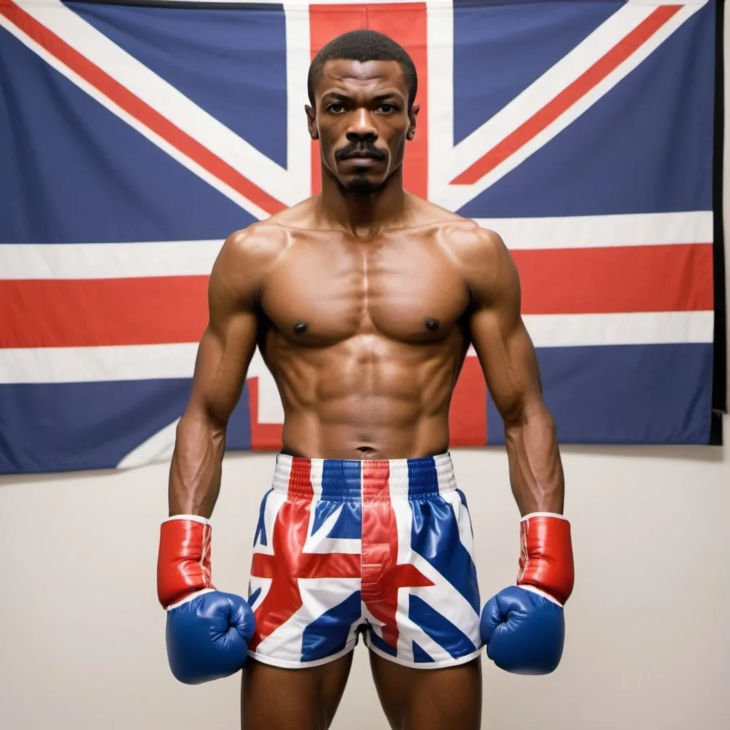 Prompt: Skinny ,  African American boxer  resembling Apollo creed with no abs at all with regular  belly and also wearing Union Jack colored boxing boxers 