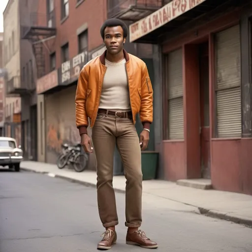 Prompt: Full body portrait of a  27 year old  African-American man with very very very short low short short  50s-60s African-American hair, very low hair nice and neat with resemblance to Donald Glover with Sidney Poitier’s hairstyle  young , light brown jeans. looking and Shaved face with short, light brown pants medium 50s-60s African-American hair and handsome looking   in the West Side Story universe, clean-shaven face, no shirt , skinny and lean but good looking  light brown jeans, vibrant and colorful, high resolution, realistic, retro aesthetic, detailed facial features, 1950s style, urban street setting, warm and nostalgic lighting, professional, character concept art, detailed clothing and expression, vibrant colors, city ambiance very low short 60s-70s African-American , cleaned shaved face short hair , whit shirt, shoes, Duke puff hairstyle, neat lined up African hair, 60s bomber jacket. Side burns and flat tops ,  low hair low short hair 