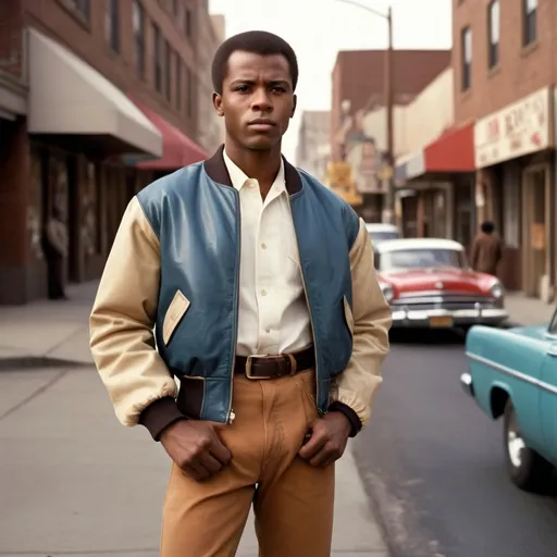 Prompt: Full body portrait of a  27 year old  African-American man with very very very short low short short  50s-60s African-American hair, very low hair nice and neat with resemblance to Sidney Poitier  young looking and Shaved face with short, light brown pants medium 50s-60s African-American hair and handsome looking   in the West Side Story universe, clean-shaven face, brown jacket, light brown jeans, vibrant and colorful, high resolution, realistic, retro aesthetic, detailed facial features, 1950s style, urban street setting, warm and nostalgic lighting, professional, character concept art, detailed clothing and expression, vibrant colors, city ambiance very low short 60s-70s African-American , cleaned shaved face short hair , whit shirt, shoes, Duke puff hairstyle, neat lined up African hair, 60s bomber jacket. Side burns and flat tops , 