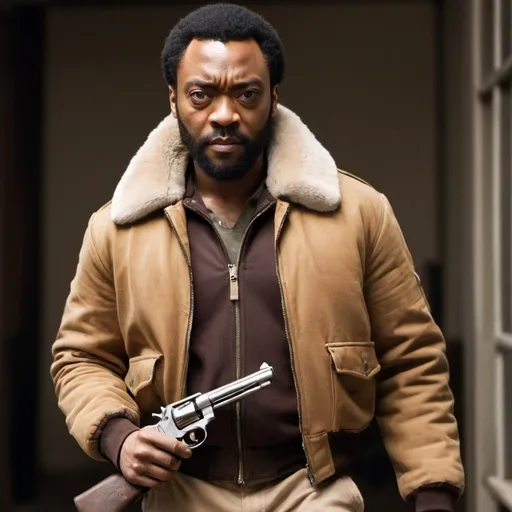 Prompt: real life, in the world  of twisted Metals, African-Americans man in brown bomber jacket wirh fur collar  and light brown khaki pants, homage to Chiwetel Ejiofor  standing tall and looking badass, holding shotgun , handsome, bearded holding a revolver 