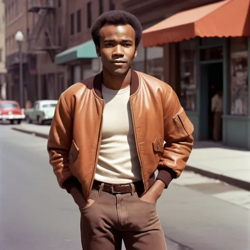 Prompt: Full body portrait of a  27 year old  African-American man with very very very short low short short  50s-60s African-American hair, very low hair nice and neat with resemblance to Donald Glover with Sidney Poitier’s hairstyle  young , light brown jeans. looking and Shaved face with short, light brown pants medium 50s-60s African-American hair and handsome looking   in the West Side Story universe, clean-shaven face, coat bomber brown jacket, light brown jeans, vibrant and colorful, high resolution, realistic, retro aesthetic, detailed facial features, 1950s style, urban street setting, warm and nostalgic lighting, professional, character concept art, detailed clothing and expression, vibrant colors, city ambiance very low short 60s-70s African-American , cleaned shaved face short hair , whit shirt, shoes, Duke puff hairstyle, neat lined up African hair, 60s bomber jacket. Side burns and flat tops , 