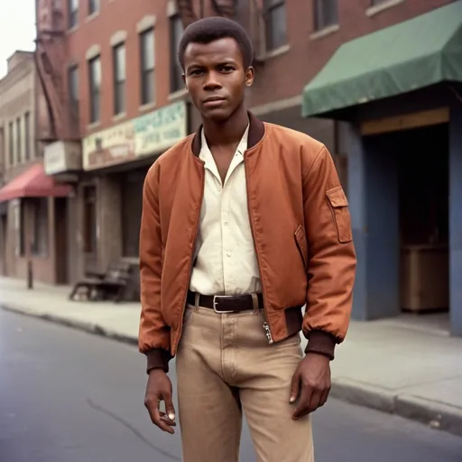 Prompt: Full body portrait of a  27 year old  African-American man with very very very short low short short  50s-60s African-American hair, very low hair nice and neat with resemblance to Micheal Ward and Sidney Poitier but he looks a lot more like Micheal Ward Sidney Poitier’s hairstyle  young , light brown jeans. looking and Shaved face with short, light brown pants medium 50s-60s African-American hair and handsome looking   in the West Side Story universe, clean-shaven face, coat bomber brown jacket, light brown jeans, vibrant and colorful, high resolution, realistic, retro aesthetic, detailed facial features, 1950s style, holding a knife urban street setting, warm and nostalgic lighting, professional, character concept art, detailed clothing and expression, vibrant colors, city ambiance very low short 60s-70s African-American , cleaned shaved face short hair , whit shirt, shoes, Duke puff hairstyle, neat lined up African hair, 60s bomber jacket. Side burns and flat tops , 