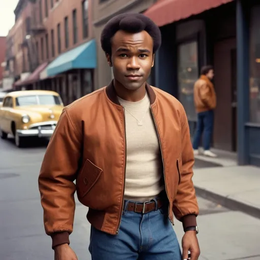 Prompt: Full body portrait of a  27 year old  African-American man with very very very short low short short  50s-60s African-American hair, very low hair nice and neat with resemblance to Donald Glover with Sidney Poitier’s hairstyle  young , light brown jeans. looking and Shaved face with short, light brown pants medium 50s-60s African-American hair and handsome looking   in the West Side Story universe, clean-shaven face, coat bomber brown jacket, light brown jeans, vibrant and colorful, high resolution, realistic, retro aesthetic, detailed facial features, 1950s style, holding a knife urban street setting, warm and nostalgic lighting, professional, character concept art, detailed clothing and expression, vibrant colors, city ambiance very low short 60s-70s African-American , cleaned shaved face short hair , whit shirt, shoes, Duke puff hairstyle, neat lined up African hair, 60s bomber jacket. Side burns and flat tops , 