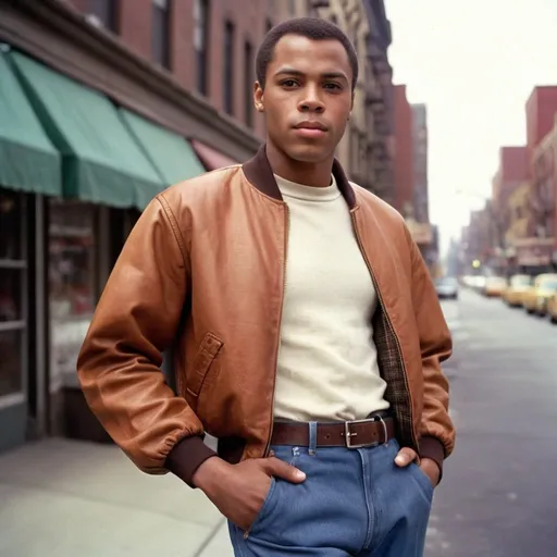 Prompt: Full body portrait of a  27 year old  African-American man with very very very short low short short  50s-60s African-American hair, very low hair nice and neat with resemblance to James earl jones   young looking and Shaved face with short, light brown pants medium 50s-60s African-American hair and handsome looking   in the West Side Story universe, clean-shaven face, brown jacket, light brown jeans, vibrant and colorful, high resolution, realistic, retro aesthetic, detailed facial features, 1950s style, urban street setting, warm and nostalgic lighting, professional, character concept art, detailed clothing and expression, vibrant colors, city ambiance very low short 60s-70s African-American , cleaned shaved face short hair , whit shirt, shoes, Duke puff hairstyle, neat lined up African hair, 60s bomber jacket. Side burns and flat tops , 