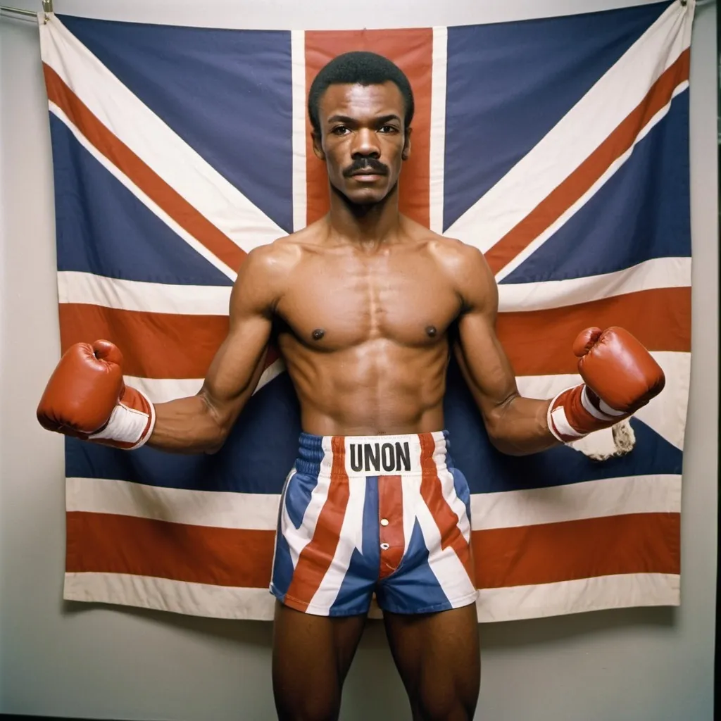 Prompt: Skinny ,  African American boxer  resembling Apollo creed with no abs at all with regular  belly and also wearing 1960s Union Jack colored boxing boxers 