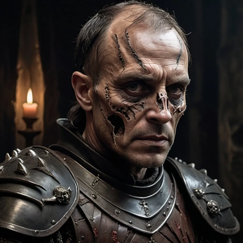 Prompt: Walt Goggins as a Game of Thrones villain, scarred facial features, medieval fantasy oil painting, dark and brooding atmosphere, intricate armor details, intense and menacing gaze, high quality, oil painting, medieval fantasy, detailed scar, ominous, dramatic lighting, full body, scarred face and partial skull 