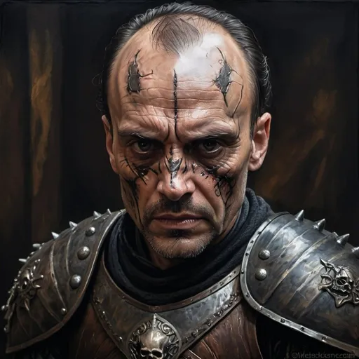 Prompt: Walt Goggins as a Game of Thrones villain, scarred facial features, medieval fantasy oil painting, dark and brooding atmosphere, intricate armor details, intense and menacing gaze, high quality, oil painting, medieval fantasy, detailed scar, ominous, dramatic lighting, full body, scarred face and partial skull 