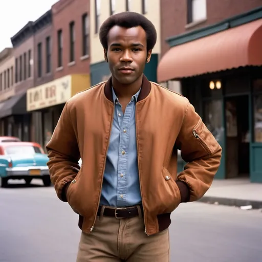 Prompt: Full body portrait of a  27 year old  African-American man with very very very short low short short  50s-60s African-American hair, very low hair nice and neat with resemblance to Donald Glover and Sidney Poitier  with Sidney Poitier’s hairstyle  young , light brown jeans. looking and Shaved face with short, light brown pants medium 50s-60s African-American hair and handsome looking   in the West Side Story universe, clean-shaven face, coat bomber brown jacket, light brown jeans, vibrant and colorful, high resolution, realistic, retro aesthetic, detailed facial features, 1950s style, holding a knife urban street setting, warm and nostalgic lighting, professional, character concept art, detailed clothing and expression, vibrant colors, city ambiance very low short 60s-70s African-American , cleaned shaved face short hair , whit shirt, shoes, Duke puff hairstyle, neat lined up African hair, 60s bomber jacket. Side burns and flat tops , 