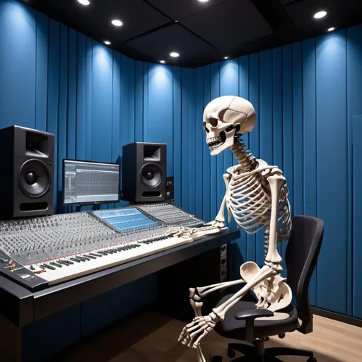 Prompt: Skeleton working  in a recording studio with acoustic paneles working in a mixer, fabric walls, acoustic treatment, lighting in walls, dolby atmos, interior design, lighting design, anime, architecture design, movie filter, acoustics, trendy, indirect lighting, blue walls 
