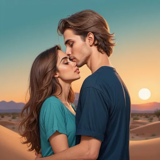 Prompt: Illustration, young beautiful Arabic woman with long chestnut hair and brown eyes, wearing a teal colored flowing shirt. Handsome young man with short blond hair, blue-gray eyes. Wearing a navy T-shirt. Standing nose to nose in a near kiss. Background is the desert at sunset.