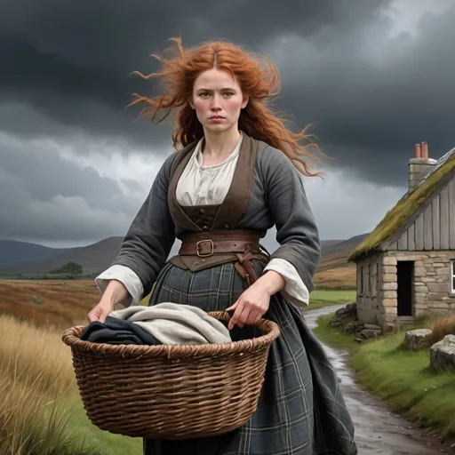 Prompt: Traditional Scottish woman, 19th-century costume, wild ginger hair flowing in the wind, carrying heavy laundry basket, small stone house, overcast grey sky, detailed facial features, realistic oil painting, rugged countryside, heavy clouds, atmospheric lighting, high quality, detailed clothing, realistic, traditional, dramatic lighting